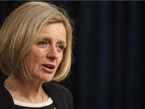 Alberta Premier Rachel Notley gives a statement about the recent status on the Kinder Morgan pipeline expansion, in Edmonton Sunday.