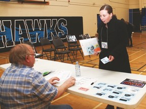 Vulcan and Region Family and Community Support Services held a poverty simulation at the Cultural-Recreational Centre on Friday. Here, Lori Gair is forced to pawn a ring to make ends meet worth $100 to Bob Buckle, playing a role working at Big Dave’s Pawn Shop. She receives $40 for the ring and is surprised, saying: “It was my grandmother’s ring.” Jasmine O’Halloran Vulcan Advocate