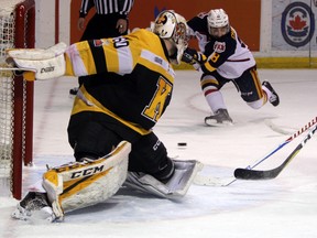 Barrie Colts forward Lucas Chiodo takes a shot that got past Kingston Frontenacs goaltender Jeremy Helvig during the first period of Ontario Hockey League playoff action at the Rogers K-Rock Centre on Tuesday night. Kingston, however, outscored Barrie 3-1 in the second period and went on to win the game, 4-2, to even up their Eastern Conference best-of-seven semifinal, 2-2.
