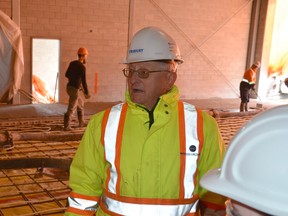 Fred Trembinski, construction project manager for Northern College’s new Integrated Emergency Services Complex, points out the infloor heating installed with the rebar prior to the pouring of the concrete floors in the structure which is currently under construction at the college’s Porcupine campus. The media was given a tour of the facility on Tuesday. The project is on schedule and should be ready for students to begin classes in September.