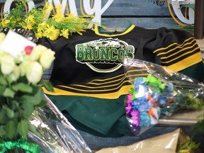 Kymber RAEKYMBER RAE/AFP/Getty Images
A hockey jersey is left in a makeshift memorial at the Humboldt Uniplex in Humbold on April 8.