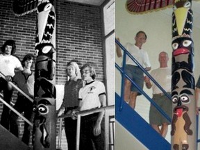 The creators of the Tecumseh school totem pole are pictured here as teens and later in life. They include Eric Stang, Rick Gosnell, Clare Weirsma and Andy Ramsz. Handout/Postmedia Network