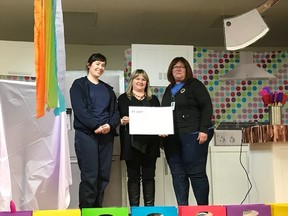 Adrienne Rainville, of Union Gas, Joanne Violette, community health worker at the Sudbury East Community Health Centre, and Michele Roy, of Union Gas, take part in a grant presentation. Supplied photo