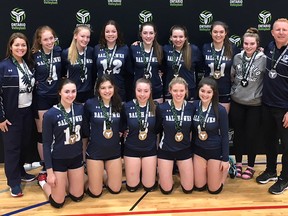 Handout/Chatham Daily News
The Chatham Ballhawks 15U Girls Blue won silver in Division 2 Tier 1 at the Ontario Provincial Championships held in Waterloo on the weekend. Pictured from front row, left: Celia Nogueira, Drew Davis, Emilie Newman, Fiona Van Mol, Lauren Pittuck. Back row: Coach Cindy Pittuck, Taylor Louzon, Meagan Crow, Halle Brown, Leah Thompson, Camryn McDougall, Candace Newman, coach Colin Pittuck.