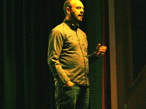Rob Avis delivering his keynote speech at the 2018 Permaculture Conference at GPRC Fairview College Campus