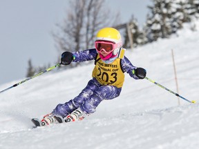 Sofia Pelkey with the Lake Louise Grizzlies Ski Club races in the under-7 years old category at the 15th Annual Doug Meyers Invitational ski race at Lake Louise on Saturday, April 7, 2018. Pam Doyle/ pamdoylephoto.com