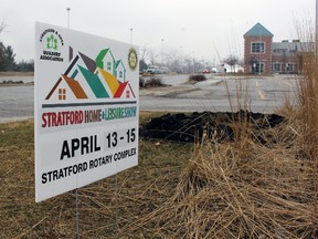 A sign advertising the upcoming Stratford Home and Leisure Show is seen near the Rotary Complex on Wednesday, April 11, 2018 in Stratford, Ont. (Terry Bridge/Stratford Beacon Herald)