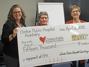 Darlene McCowan, CPH Foundation Coordinator (left) is pictured here receiving the donation from the CPH Auxiliary, presented by Marsha Taylor, CPH Auxiliary Co-President (centre) and Dianne Stevenson, CPH Auxiliary Co-President (right). (PHOTO COURTESY OF CLINTON PUBLIC HOSPITAL FOUNDATION)