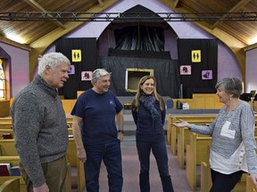 Publicity director Bill Osborne (left), music director Roger Girard, band leader Cheryl Amy and producer/director Linda Davis talk about the upcoming Lynden Spring Revue production at Lynden United Church in Lynden. (Brian Thompson/The Expositor)
