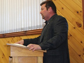 Sauble Speedway co-owner and promoter Mark Dilley presented as a delegation at a council meeting on March 20 at the town hall in Wiarton. Photo by Zoe Kessler/Wiarton Echo