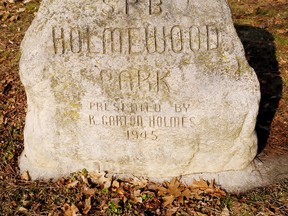 This stone monument in Simcoe marks an entryway to Holmewood Park on Orchard Avenue. Norfolk council this week thought better of rezoning the land for a Habitat for Humanity project after residents in the neighbourhood objected. MONTE SONNENBERG / SIMCOE REFORMER