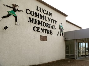 The Lucan Community Memorial Centre is still bedecked with green ribbons and Kraft Hockey Ville.ca banners north of London. Lucan was announced as the winner during Hockey Night in Canada on Saturday of the competition and will host a preseason NHL game as well as receive $250,000 for upgrades to the arena. (Mike Hensen/Postmedia News)