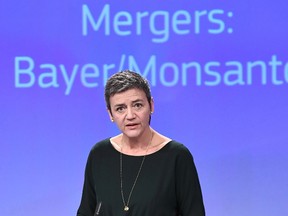 In this file photo taken on March 21, 2018 European Commissioner for competition Margrethe Vestager addresses a press conference focused on the proposed blockbuster buyout of US agri-giant Monsanto by German chemical firm Bayer, at the European Union in Brussels. (AFP photo)