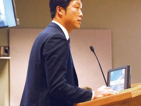 Photo by DAVID BRIGGS/FOR THE STANDARD
Sean Kim, of Samsung Renewable Energy, made a presentation to Elliot Lake council on Monday.