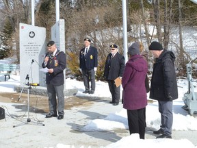 Photo by KEVIN McSHEFFREY/THE STANDARD
Elliot Lake Mayor Dan Marchisella read his address at the local Vimy Ridge Day ceremony, along with Legion member Al Wyatt, past branch president Howard Taite, AMK MP Carol Hughes, Chrissy Lynn Trudel and Legion Padre Joseph O’Neill, who attended this year’s event at the cenotaph.