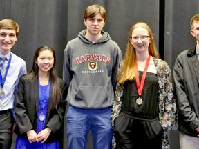 Matthew McParland, left, Stephanie Wu, Jacob Galema, Hanna Schaefer and David Moore are winners of the 56th annual North Bay Regional Science Fair.
Supplied Photo