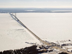 The Mackinac Bridge is seen here in the winter. The 5-mile-wide (8-kilometre-wide) waterway, which connects Lake Huron and Lake Michigan, is used heavily by ships that haul iron ore, coal, limestone and other bulk cargo, and by recreational boats.