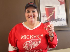 Canadians were wearing jerseys on Thursday April 12, 2018, in support of the Humboldt Broncos hockey team in Saskatchewan as they continue to deal with the aftermath of a tragic crash that has claimed the lives of 16 people connected to the team. The day also gave Lou Anne Maine a chance to wear a Mickey's Wings jersey while working at the Bloomfield Tim Hortons in Chatham, Ont. She said the jersey brought back memories of her brother Mickey Erdie who was killed in a tragic motor vehicle crash in July 8, 1984, in Dover Township. (Ellwood Shreve/Chatham Daily News)