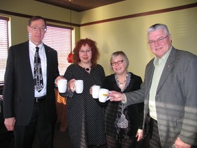 Jack Evans/For The Intelligencer
Clinking coffee mugs in Denny’s Restaurant to mark the start of the 50th annual Quinte Rotary Music Festival, left to right, are: adjudicators John Palmer, Kingston, Lesley Andrew, London, and Martha Hill Duncan, also Kingston, and festival chair John Chisholm of the Belleville Rotary Club. Other sponsoring clubs are Quinte Sunrise and Trenton.