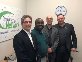 Mayor Rod Frank (far left) and Coun. Robert Parks (far right), pictured while taking a tour of the Sherwood Park Primary Care Network on April 4, maintain their position in voting against council's salary increase. 
Twitter Photo