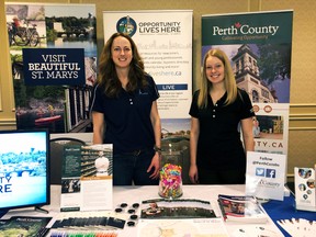 Kelly Deeks-Johnson, economic development manager for the Town of St. Marys, and Hannah Conroy, an economic development/communications officer for Perth County, attended a job fair in London Wednesday to promote the county’s Opportunity Lives Here online job board. (Submitted photo)