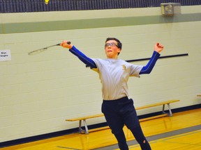 Adam Leatherland of DDSS competes in the NSSAA junior boys singles badminton final Thursday at Holy Trinity. Leatherland won the match and will move on to the CWOSSA tournament April 18 at the University of Waterloo.
JACOB ROBINSON/Simcoe Reformer