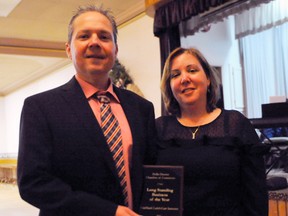 The Delhi District Chamber of Commerce hosted its annual gala and awards night Wednesday, April 11 at the Delhi German Home. VanMaele Leitch-Gair Insurance owner/president Mitch VanWynsberghe, who took home the long-standing business award, attended with his wife Sara VanWynsberghe. Fernlea Flowers was another recipient of the award. JACOB ROBINSON/Simcoe Reformer