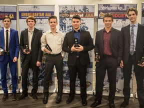 Submitted Photo
Members of the Midget AA Storm (left to right) Cody Quinton, Tanner Vinck, Tanner Davy, Keaton Mercredi, Daniel Graber and Brock Wallace display their well-earned hardware as the Grande Peace Athletic Club handed out its annual awards on Wednesday night at Evergreen Park.