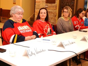 Six female politicians from Stratford, St. Marys and Perth County took part in a panel discussion at the second of three stops for the Perth County Women in Politics Roadshow at Avondale Church in Stratford. Pictured from left are Stratford councillors Kathy Vassilakos, Bonnie Henderson and Danielle Ingram, St. Marys Coun. Carey Pope, Perth South Coun. Melinda Zurbrigg, and Avon Maitland District School Board trustee Alyson Kent. (Galen Simmons/The Beacon Herald)