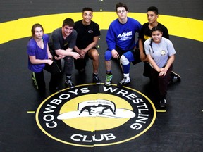 Six members of the Cowboys Wrestling Club pose for a picture as they prepare for the National Cadet/Juvenile Wrestling Championships in Edmonton April 13/14, 2018.  From left to right: Autumn Shopa, Connor Pointen, Isaiah Springer, Hunter Smith, Elijah Springer and Naomi Cook. Missing is Tyler Wenninger.