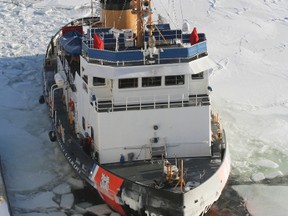 The U.S. Coast Guard's icebreaker Katmai Bay breaks ice in the harbour in Owen Sound, Ont. in 2015. (Postmedia File Photo)