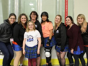 Almost half the membership of the Grey Bruce Highland Dames roller derby team are from South Bruce Peninsula and area. Posing for a photo before their home opener at the Shallow Lake Arena on April 7 were: Cindy McNamara (left), of Wiarton; Nicole Markland and daughter Delilah (front), of Sauble Beach; Kay Fawcett, of Big Bay; Heather Strachan, of Wiarton; Jennifer Bailey, of Big Bay, and Chelan Carriere and Lindsay Mahy, of Sauble Beach. Photo by Zoe Kessler/Wiarton Echo