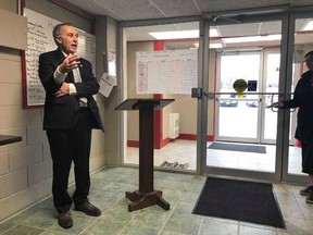 Submitted photo
Bay of Quinte MP Neil Ellis announces $40,000 for the Prince Edward Fitness and Aquatic Centre’s project to upgrade the facility’s entryway. Ellis announced the funding Friday in Prince Edward County.