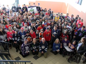 Staff, administrators and students donned a hockey jersey or wore green and yellow at Beaver Brae Secondary School in support of the Humboldt Broncos hockey team, Thursday, April 12. SHERI LAMB/Daily Miner and News/Postmedia Network