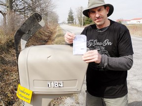 Canada Post left Dave Zeldon, of Tyrrell, a note this week saying his hockey stick memorial to Humboldt at his mailbox made it difficult for its carrier to deliver his mail. Zeldon can’t guess what the problem was other than the shrine may have made it difficult to engage the red plastic flag on top of his box. MONTE SONNENBERG / SIMCOE REFORMER