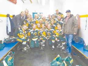 A collision involving a tractor trailer and the Humbold Broncos' team bus on April 6 left 15 dead. LJAC alumni Parker Tobin and Stephen Wack were among the victims. Pictured: The Humboldt Broncos after their Boulet Cup win on March 24. (Photo via @HumboldtBroncos)