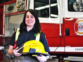 Whitney Burk, public educator for the Chatham-Kent Fire & Emergency Services, is shown at the downtown Chatham station Thursday. The fire service is trying to attract more members from diverse backgrounds. (Tom Morrison/Chatham This Week)