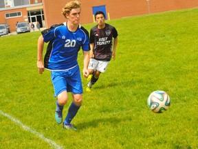 Luke Erauw and the Sabres Sabres will begin their quest for a second straight NSSAA soccer title April 18 vs. Delhi.
JACOB ROBINSON/Simcoe Reformer