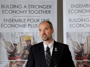 Kingston Mayor Bryan Paterson speaks in the lobby of the Frulact plant in Kingston on Friday April 13 2018.during an announcement that the federal and provincial government have contributed a total of $6 million to the development of the Kingston plant. Ian MacAlpine/The Whig-Standard/Postmedia Network