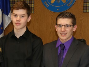 There was formal recognition at Timmins city hall this week for Matthew Tylee, left, and Zachary Genier, two 13-year-old Timmins Marlins Swim Club swimmers who returned bearing with medals from the 2018 Ontario spring provincial swimming championships held last month. Tylee was congratulated for winning men’s 50-metre freestyle silver medal; men’s 400 metre freestyle event silver medal; men’s 800-metre freestyle silver medal; and men’s 200-metre freestyle bronze medal. Genier captured the men’s 100-metre butterfly bronze medal and the men’s 200-metre butterfly bronze medal.