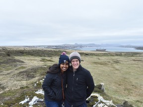 Madura Sundareswaran and her husband, Matthew Moore, both Queen's University family medicine residents, pictured in the Falkland Islands. supplied photo