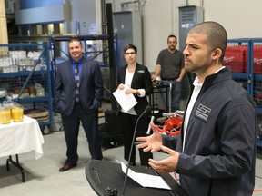 Anthony Davis, owner of Greater Sudbury Plumbing, makes a point at the launch of the Plumbing Technician program at College Boreal in Sudbury on Friday. The French-Language program will start in September at the Sudbury campus. John Lappa/Sudbury Star/Postmedia Network