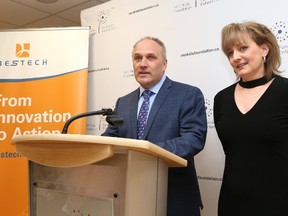Marc Boudreau, president and co-CEO of Bestech, makes a point while his wife, Samantha Espley, looks on during a donation presentation to the NEO Kids Health Centre at Health Sciences North in Sudbury, Ont. on Thursday April 12, 2018. Bestech made a $100,000 donation to NEO Kids, and Boudreau and Espley matched the donation, bringing the total to $200,000. John Lappa/Sudbury Star/Postmedia Network