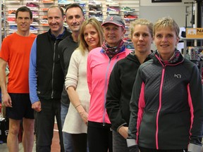 From left to right, Scott Greig, Bob Scheifele, Richard Weeks, Tracey Hebert, Lynita Spencer, Robin Coombes, and Leeanne Walker gathered at the Runner's Den in Owen Sound on Thursday. The local runners will participate in the 2018 Boston Marathon on Monday. Greg Cowan/The Sun Times