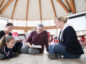 Harloe Bardeggia, actor Lois Apaquash, producer Shelly Moore-Frappier and playwright Sarah Gartshore run over the script of the play Debwewin in Sudbury. Gino Donato/Sudbury Star/Postmedia Network