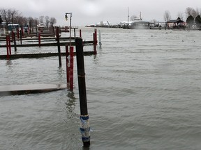 High water reached the top of the boat slips in the Erieau Marina in Erieau, Ont. on Sunday April 15, 2018. (Ellwood Shreve/Chatham Daily News)
