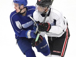 Sudbury Wolves No. 1 draft pick Quinton Byfield, right, matches up against 2017 first-rounder Blake Murray during the Sudbury Wolves' rookie orientation camp scrimmage in Sudbury, Ont. on Sunday April 15, 2018. Gino Donato/Sudbury Star/Postmedia Network