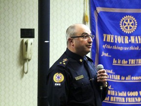 Kevin Hampson/Daily Herald-Tribune
Rob Barone, director of AHS EMS North Zone, speaks about the ambulance system in Grande Prairie and the north during the Rotary Club of Grande Prairie luncheon at the Paradise Inn on Friday in Grande Prairie.