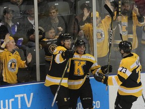 Kingston Frontenacs forward Brett Neumann celebrates his first-period goal against the Barrie Colts with teammates Tyler Birnie and Gabe Vilardi during Game 6 of Ontario Hockey League Eastern Conference semifinal action at the Rogers K-Rock Centre on Friday night. Kingston won the game, 2-1, and the series, 4-2. (Ian MacAlpine/The Whig-Standard/Postmedia Network)
