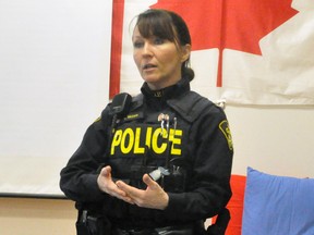 Laura Brown, Community Safety/Media Relations officer with the Perth County OPP, offered a 40-minute presentation called Raising Our Children In A Digital World at Upper Thames Elementary School (UTES) last Tuesday, April 10. ANDY BADER/MITCHELL ADVOCATE